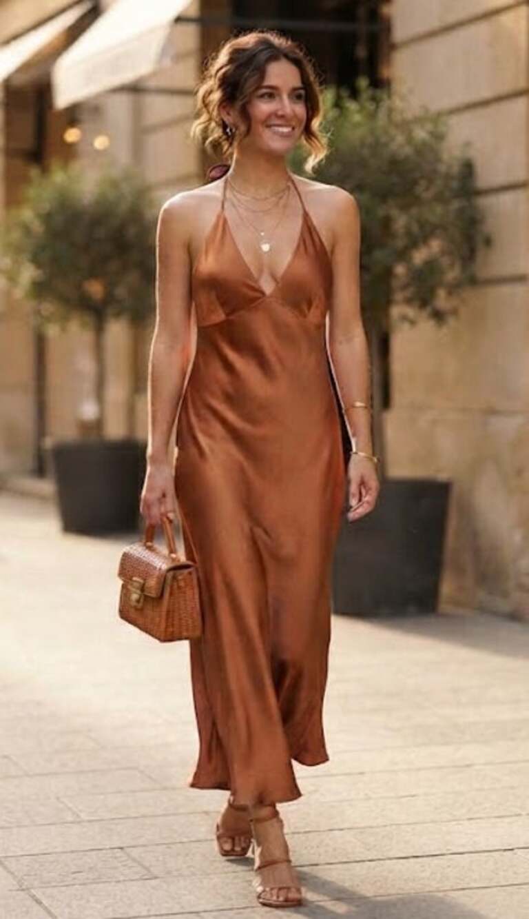 Abercrombie & Fitch Satin Halter Slip Maxi Dress Bronze Copper Size Large NWOT